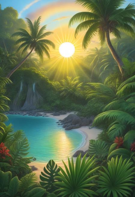 Detailed illustatuin of a paradisiac landscape, a relaxing tropical island, sun rays, vibrant colors, relaxing, primeval. nature, intricate details
