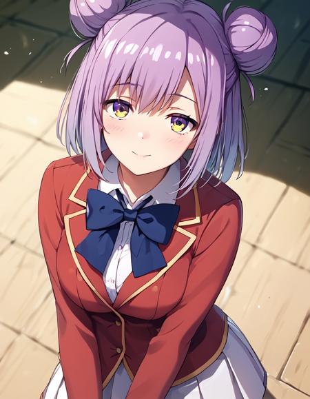 1girl, solo, solo focus, tachibana akane, purple hair, hair bun, double bun, purple eyes, yellow eyes, gradient eyes school uniform, white shirt, collared shirt, red blazer, blue bowtie, long sleeves, white skirt, pleated skirt