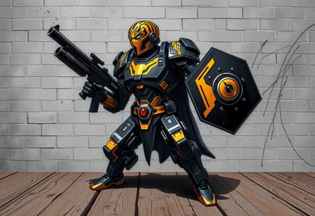 A heroic Cyborg Doctor, its striking black and gold form accented by a vibrant helmet tiger-like pattern. Poised in a Dynamic Action Pose on a distressed wooden surface, facing a textural gray brick wall. It holds a powerful gun and a sturdy shield, head sharply turned left with an alert posture, surveying the scene. Stylized with Splash Ink Illustration, Grammer Effect Style, Handcrafted with Precision, Sharp Lines and Brush Strokes, Stunning Colors, Harmonious Colors, Multi Colored, Contemporary Aesthetics. Beautiful Matte Painting as the Attractive Background. CGSociety, Artstation Trending on ArtstationHQ, Balanced Editing, Impeccable Composition, Creative Angle, Vivid Emotions, Joyful Impact, Powerful Message, Beautiful Detailed Eyes, trending on artstation, Golden Ratio.