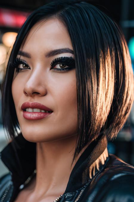 analog raw photo, close up facial portrait, dark photo of Faith Connors, a Eurasian woman, <lora:FaithConnorsMEC:0.8>, (black hair:1.3), bob cut hairstyle, (smokey eyeshadow:1.15), (eyeliner:1.2), giving the viewer a seductive smile, wearing a black quilted bomber jacket, small breasts, hanging off shoulder, late 90s aesthetic, goth aesthetic, <lora:add-detail-xl:1.15>, background is a cozy coffee shop, <lora:Background_Detail_v3:1.3>, raw skin, 8k UHD, high quality, film grain, RAW candid cinema, 16mm, color graded portra 400 film, remarkable color, ultra realistic, textured skin, remarkable detailed pupils, realistic dull skin noise, visible skin detail, skin fuzz, dry skin, shot with cinematic camera, high quality photography, 3 point lighting, flash with softbox, 4k, Canon EOS R3, hdr, smooth, sharp focus, high resolution, award winning photo, 80mm, f2.8, bokeh,