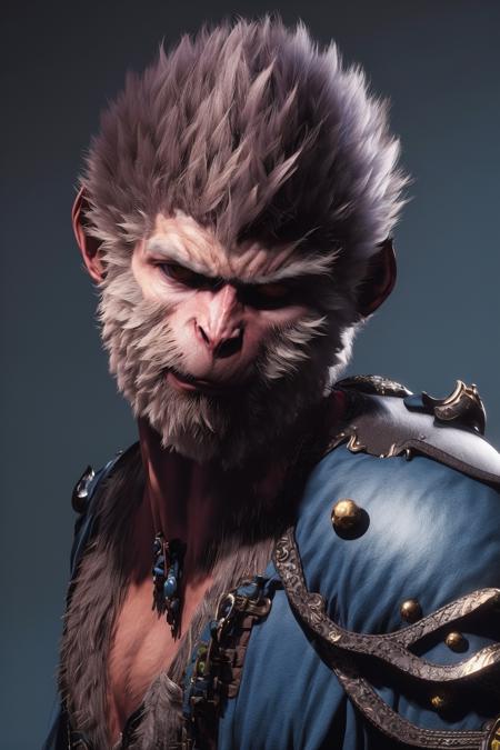 <lora:black_myth_wukong_v1:0.8> wukong \(black myth\),
1boy, solo, male focus, detailed eyes, 
furry chest, armor, blue clothes, pauldrons, 
portrait, 
unreal engine, 8k, super detail,