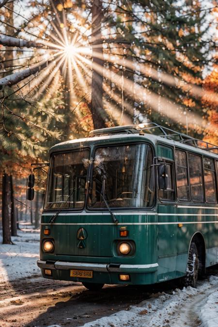 photo RAW,(gel40bo,(autumn:1.3),(1980s:1.3),(old Russia:1.2) landscape,(Light green parking bus on A snowy winter wonderland with icicles and pine trees),sunrays,(bokeh:1.3) <lora:gelios40bokeh_v2:0.5>  <lora:laz695:0.7>, dusty atmospheric haze, high quality textures of materials, volumetric textures, coating textures, metal textures, (natural colors, correct white balance, color correction, dehaze,clarity)), masterpiece, award winning photography, natural light, perfect composition, high detail, hyper realistic,lens flare,Timeless Elegance, Classic Tones, Refined Lighting, depth of field,sharp focus, dark theme <lora:lowra_v10:0.06>