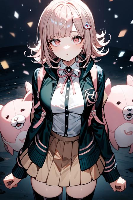 nanami chiaki,hair ornament,lack jacket,long sleeves,two-tone shirt,neck ribbon,brown skirt,thighhighs