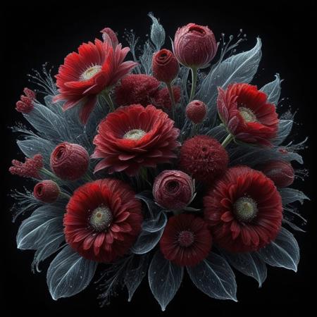 illustrate an intricate floral arrangement bursting with life against a stark black background, focus on detailed petals of deep reds, each stroke adding depth and realism to flowers, flowers should appear luminous, with dewdrops accenting their edges, giving a fresh and serene vibe, overall composition should balance vibrant life of flowers with void-like darkness, creating a striking contrast