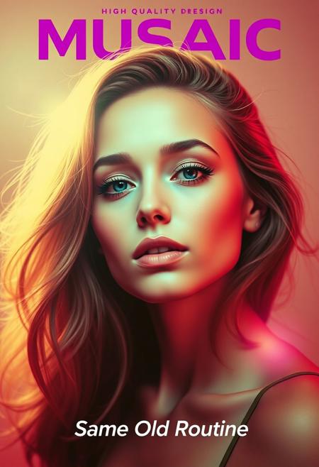 high quality design aesthetics, disco, synth pop, detailed, pop album cover, beautiful young white woman, artist name "MUSAIC", album title "Same Old Routine"