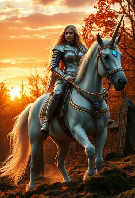 A single unicorn and a Regal blonde woman with large breasts under ornate silver armor astride majestic white unicorn. The unicorn has only one head, crowned with a single pearlescent horn. Golden bridle and saddle adorned with sapphires. Forest ablaze with autumn hues - crimson maples, golden oaks, amber beeches. Crisp air carries scent of fallen leaves and distant woodsmoke.
Breathtaking sunset paints sky in vivid oranges, pinks, and purples. Last rays filter through trees, casting long shadows and bathing scene in warm, golden light. Unicorn's horn and woman's hair shimmer in fading daylight.
Woman's determined gaze fixed on horizon. Right hand on unicorn's neck, left on jeweled sword hilt.
Misty tendrils rise from moss-covered forest floor, adding to mystical atmosphere. Ancient standing stones peek through autumn foliage, their surfaces glowing from within from ancient runes that pulse with ethereal blue haze.The luminous symbols hint at forgotten magic, enhancing the scene's mystical quality. Image captures pivotal moment - a legendary hero embarking on epic quest as day gives way to twilight.