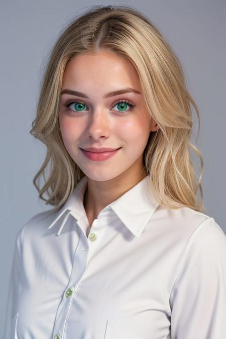 (face like emmatopdown),  body like goose_fit_girl,
blonde hair, athletic body,  eyecandy, desirable, 
(tiny breasts), beautiful green eyes, fit body,
 realistic,  
(wearing large buttonup shirt ),
nervous, tiny smile, 
 (facial), mouth closed