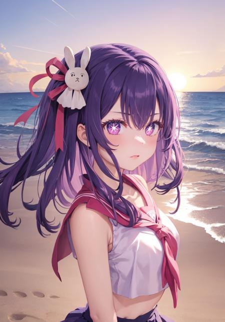 1girl,purple hair,sparkling eyes,rabbit hair ornament,sunset,green serafuku,beach
 <lora:Hoshino_Ai_V1.8:1>