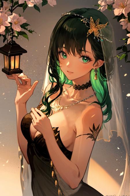 masterpiece, best quality, extremely detailed, detailed background, detailed face, blunt bangs, 1girl, solo, jewelry, bug, butterfly, flower, veil, lantern, dress, holding, looking at viewer, tassel, earrings, choker, hair ornament, necklace, green eyes, black dress, aqua hair, artist name, breasts, holding lantern, hand up, black background, tattoo, bare shoulders, orange flower