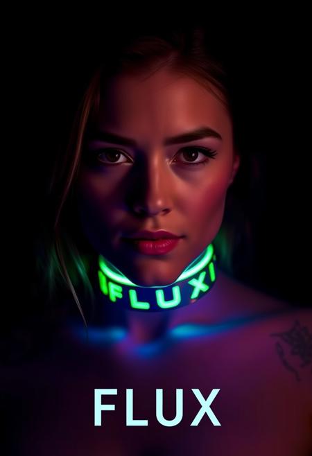 Woman in dark with green glowing necklace WITH TEXT "FLUX"