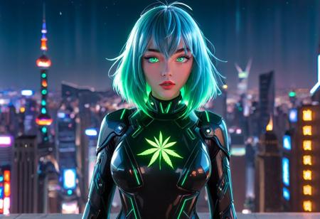 masterpiece,high quality, 420futurism,
 <lora:420FuturismXL:0.8> 
hemp clothing, 1girl, vivy_vfe, blue hair, crossed bangs, blue eyes, solo, female focus,green glow hair,green glow eyes, looking at viewer, bodysuit, city lights, parted lips