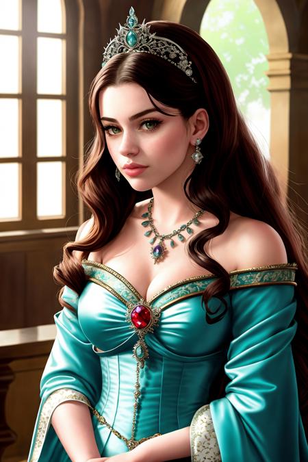 (ChloeNobodySD15:1) medieval portrait fantasy princess glorious elaborate royal teal robes tiara gems luxurious stone castle Game of Thrones Hogwarts (masterpiece) (best quality) (detailed) (8k) (HDR) (wallpaper) (cinematic lighting) (sharp focus) (intricate) (Style-Renaissance:0.8)