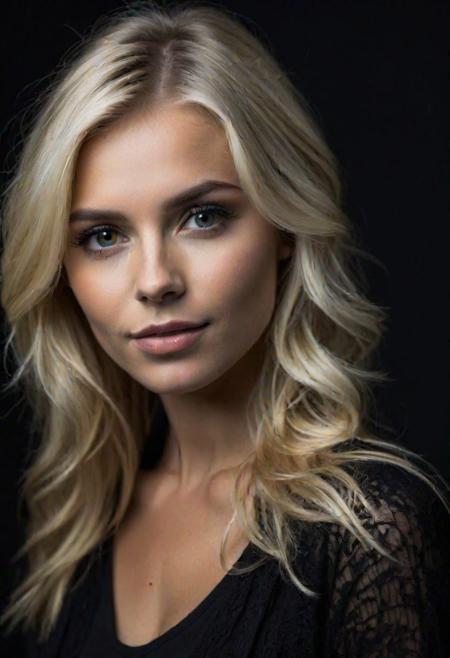 super cute blond woman in a dark theme