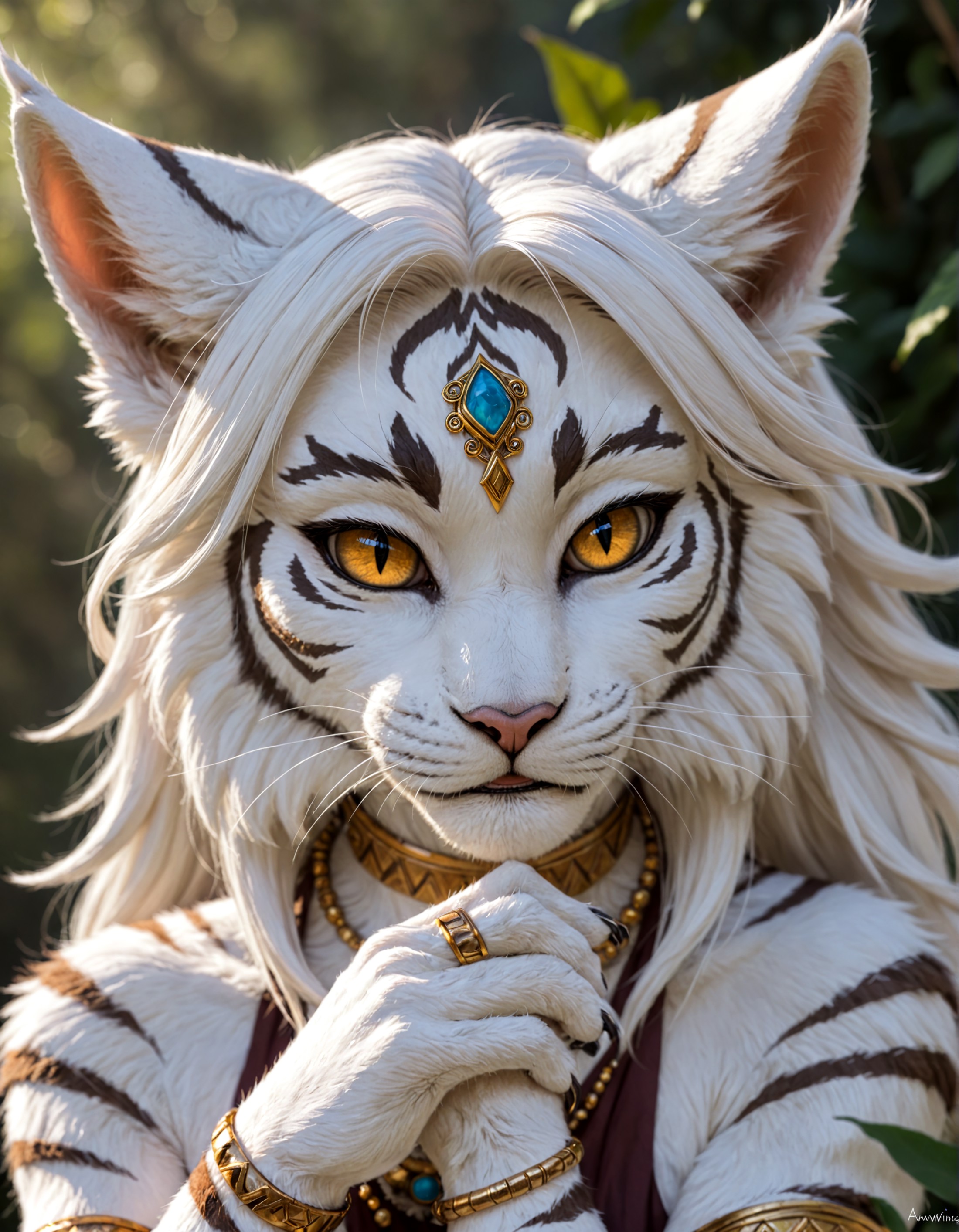 photo, Khajiit female, beautiful, white fur, humanlike face, tiger ears, cat eyes, shaman,gold, bracelets, ear rings, nose...