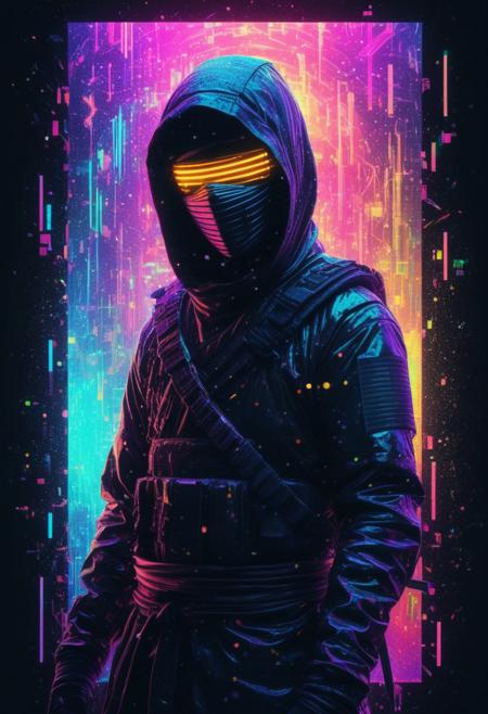 Illuminated ninja in the style of golden glitched rainbow. Snow is falling as holographic colored baroque geometric patterns float around the canvas in the style of colorful digital art. The image has a cyberpunk aesthetic with a glitchy distortion and psychedelic color palette. Black background, neon lights, glitch art, surrealism, high contrast, vibrant colors, psychedelic patterns, ethereal glow. The overall mood should be one of spiritual contemplation and otherworldly beauty. It's like something in the style of science fiction.