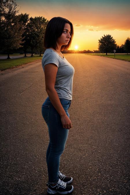 sunrise after a storm, masterpiece, depth of field, desolate parking lot, photo realistic, close up, 1girl, petite, fit nubile body, standing under a tree 