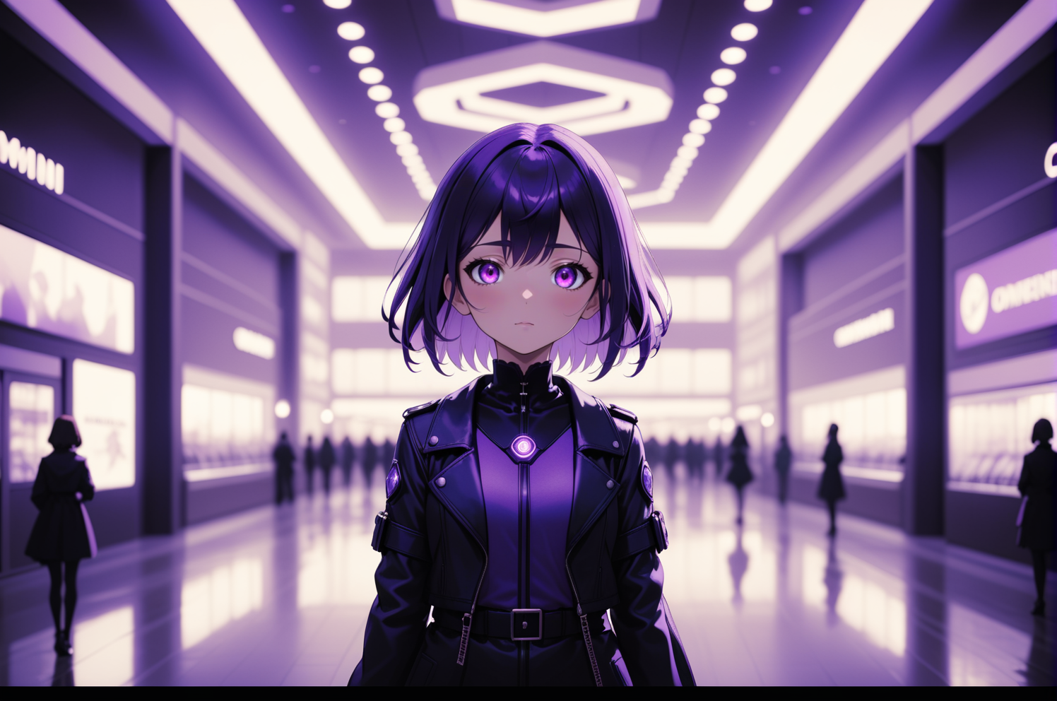 anime opening, (1girl), solo, sexy, mall aesthetic in violet theme atmosphere, (wallpaper style), movie trailer, "Omni", c...