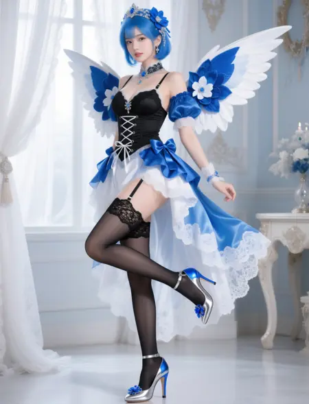 NSFW WAN2.2 T2V Blue and White Costume Black Stockings Blue Hair