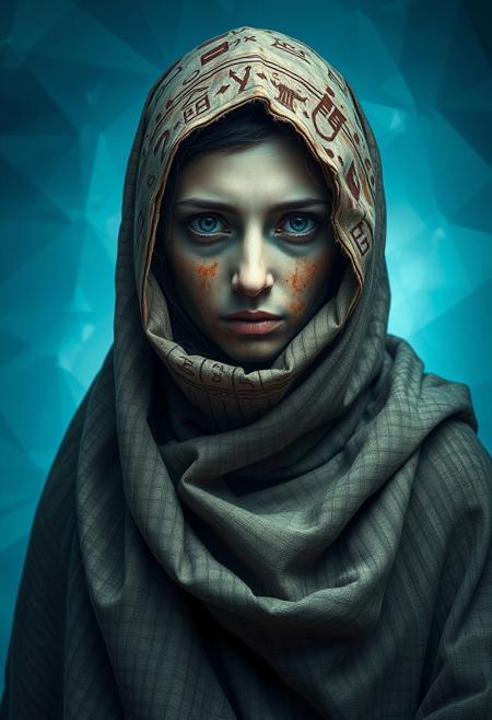 an ancient, cloaked female figure with piercing eyes, face covered in dust and dirt, their face wrapped in fabric adorned with extremely intricate hieroglyphs, set against an abstract, polygonal blue gradient background. The cloth appears worn and frayed, with strands of cobwebs catching the light, evoking a sense of age and decay. The background’s geometric facets shift from light to dark blue, creating a sense of depth that feels cold and detached, as if the figure exists within a frozen, digital void. Every wrinkle, stitch, and symbol on the fabric is detailed, revealing a story etched into the cloth. The icy blues of the background offer a stark contrast, amplifying the figure’s ancient aura. This composition weaves together themes of antiquity and futurism, drawing the viewer into a world where the past is preserved within a crystalline digital space.