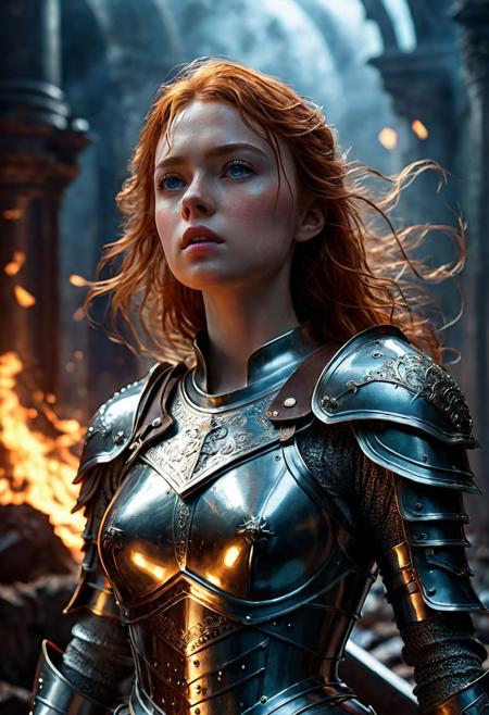 High resolution ultra-realistic of Beautiful Warrior Sadie Sink as Joan of Arc, 8k, capturing the intensity of the moment, cinematic lighting, standing on a bloody and stormy battlefield in bloody battle, wavy red hair, realistic dirty pale face, realistic blue eyes,  beautiful hourglass figure, burning in a medieval Town, intricately designed iron and silver armor, Dark Ages Aesthetic, perfect athletic figure, beautiful Warrior Joan of Arc, fire, ultra realistic, cinematic style, vigorous and seductive, athletic figure, dark fantasy, dramatic lighting, wet and sweaty skin, dirty skin, athletic figure, dark fantasy, dramatic lighting, Greg Rutkowski style,, Warrior Joan of Arc on in iron armor, hyper-detailed, hyper-realistic, bright colours, Attractive 21 old years girl, Attractive, beautiful firm Breasts, sharp focus, digital painting, Photograph Taken on Nikon D750, Alphonse Mucha, 8K, athletic figure, Hyperdetailed, hyperrealism, Attractive, Attractive bust girl, asymmetric balance