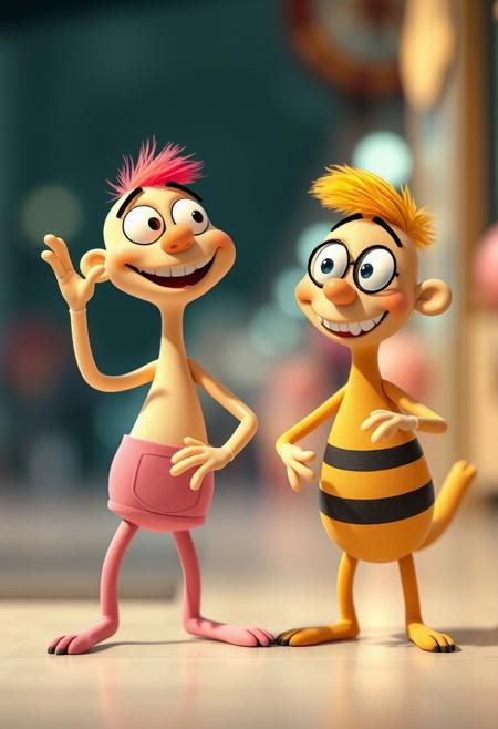 A Pop Art animation featuring anthropomorphic characters with rubber-hose limbs and exaggerated expressions in soft pastel colors. The style evokes early animation, showcasing fluid motion, slapstick humor, and whimsical charm.  A blurred bokeh effect gently softens the background, focusing sharply on the subject, creating a soothing aesthetic.