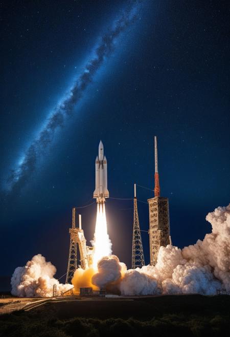 European Ariane rocket, starry night sky background and view of the surface of planet Earth