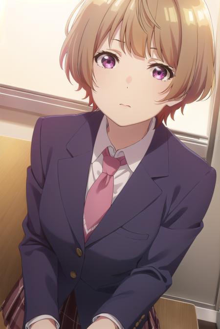 hanabinatsubayashi, <lora:hanabi natsubayashi s1-lora-nochekaiser:1>,
hanabi natsubayashi, short hair, brown hair, (pink eyes:1.2),
BREAK skirt, shirt, long sleeves, school uniform, jacket, white shirt, pleated skirt, necktie, collared shirt, plaid, plaid skirt, blazer, red necktie,
BREAK indoors, classroom,
BREAK looking at viewer,
BREAK <lyco:GoodHands-beta2:1>, (masterpiece:1.2), best quality, high resolution, unity 8k wallpaper, (illustration:0.8), (beautiful detailed eyes:1.6), extremely detailed face, perfect lighting, extremely detailed CG, (perfect hands, perfect anatomy),