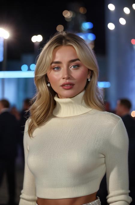 A photorealistic image of sbrn crpntr woman, at a glamorous red carpet event, wearing a turtleneck sweater, posing for the cameras. The setting is a star-studded outdoor event during the night, with spotlight lighting. The color scheme is dark and elegant, with a close-up perspective. The style is luxurious and high fashion, with a blend of realism and glamor, dramatic, UHD, analog film grain, bokeh