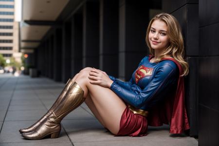 DC movies,full body,photo of a 18 year old girl,supergirl,sitting against a wall,happy,laughing,ray tracing,detail shadow,shot on Fujifilm X-T4,85mm f1.2,sharp focus,depth of field,blurry background,bokeh,lens flare,motion blur,<lora:add_detail:1>,