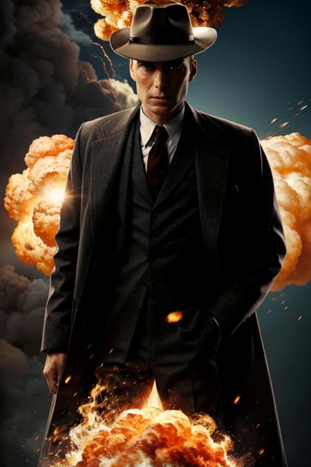 cinematic style,masterpiece,best quality,ultra highres,photorealistic,realistic,
a portrait photo of 1man surrounded by orange explode,Cillian Murphy,hat,cutout,(mugen silhouette:0.6),grey tailored suit,nuclear explosion,<lora:Oppenheimer:1>,