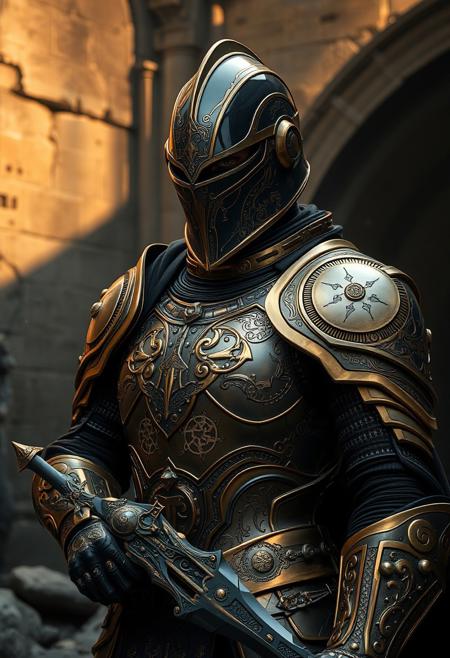 A hyper-detailed, futuristic warrior in resplendent armor, blending medieval and sci-fi styles, with an elaborate gold and bronze filigree. The helmet has a polished black visor with an elongated, angular shape, giving a mysterious, imposing presence. The armor is adorned with intricate engravings, featuring symbolic etchings, ancient glyphs, and runes, some glowing faintly. The warrior holds a finely crafted, advanced weapon with matching ornate gold details. Background showcases a dark, ancient ruin with weathered stone, faint mystical symbols, and warm, low ambient lighting casting shadows that enhance the armor’s metallic sheen.
