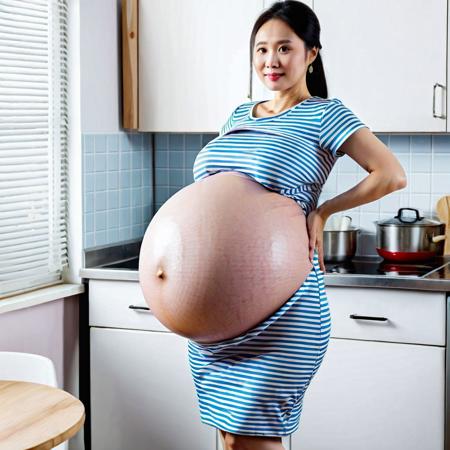 chinese woman with a gigantic pregnant belly standing in kitchen. She is wearing a short-sleeved maternity dress.