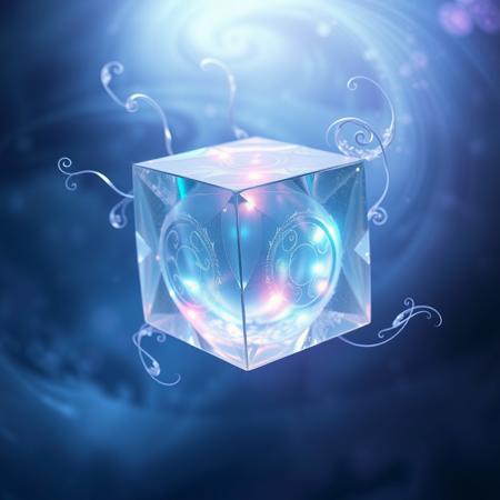 A dreamlike, iridescent cube, its six faces reflecting and refracting shards of light, suspended in mid-air amidst a swirling vortex of misty blues and purples, with delicate, lace-like tendrils curling around its edges, as if the cube is being birthed from the very fabric of reality itself, its smooth, crystalline surface etched with intricate, swirling patterns that evoke a sense of ancient, mystical knowledge, with each facet glinting with an otherworldly intensity, casting an hypnotic glow that draws the viewer in, inviting them to surrender to the cube's surreal beauty and mystery.