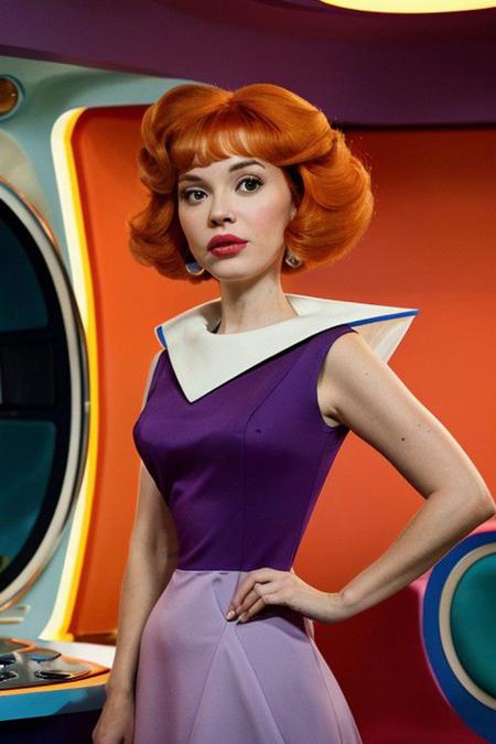 Generate an 8K hyper-realistic image of Christina hendricks like jet jetsons, hairstyle 70's, wearing jet jetsons dress violet, BIG triangular dress collar, jet jetsons cut hairstyle, orange hair, adopting a visual style inspired by Wes Anderson, RED camera system to capture the scene with precision, Wes Anderson's characteristic symmetrical framing, vibrant color palette, and meticulous set design, Control lighting for soft, diffused shadows, aiming for a whimsical, nostalgic atmosphere,  Prioritize capturing intricate details using the RED camera's high-resolution capabilities, The final image should seamlessly blend the futuristic elements of the Jetsons' world with Wes Anderson's distinct visual aesthetic