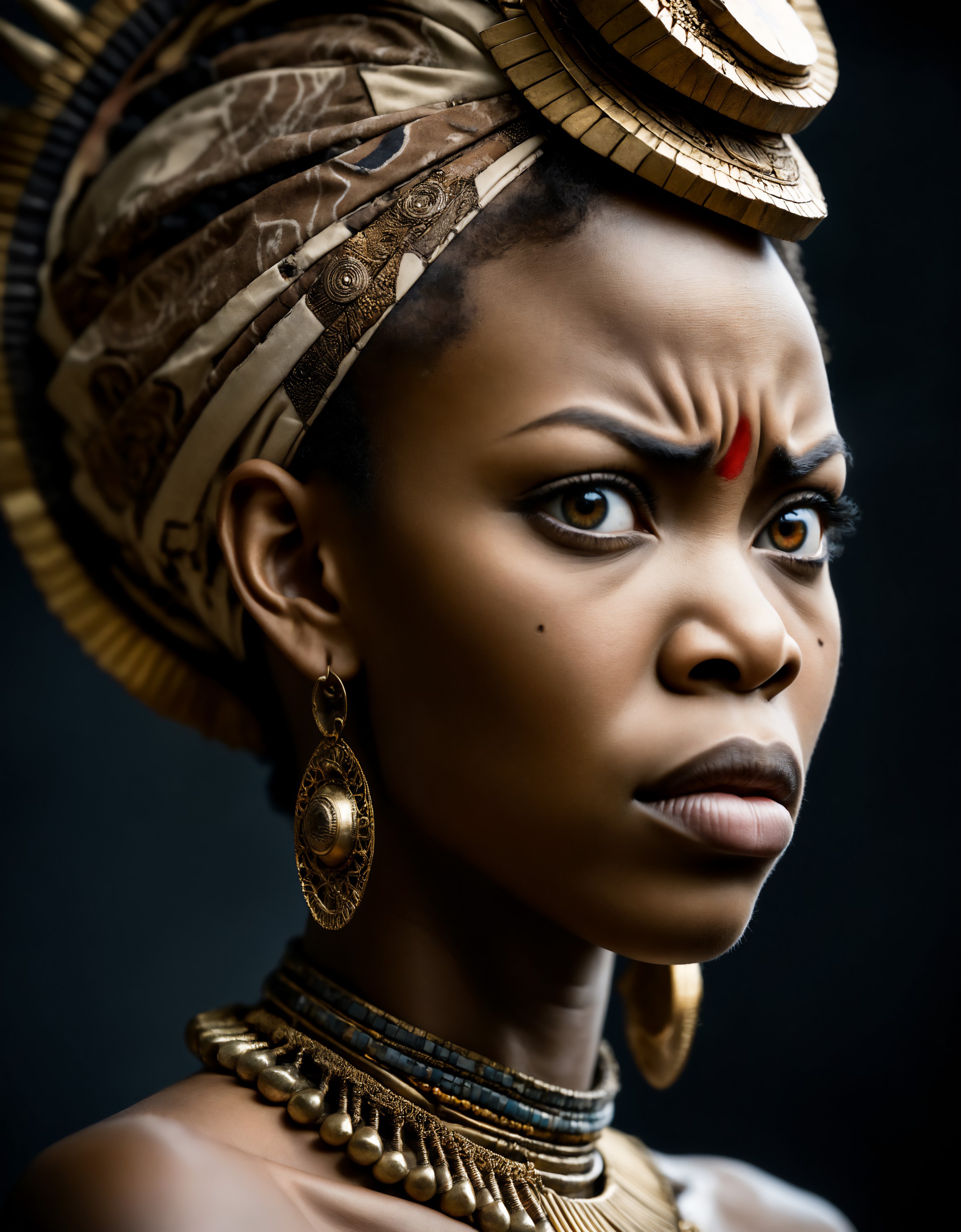 a dramatic profile portrait of an african queen looking at viewer fiercely angry, facial expression, furrowed eyebrows, op...