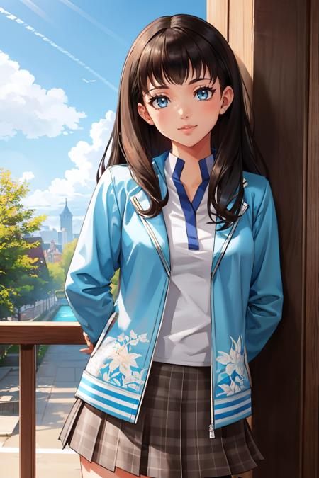 taosmt, long hair, black hair, jacket, shirt, plaid skirt, blue eyes, socks, shoes