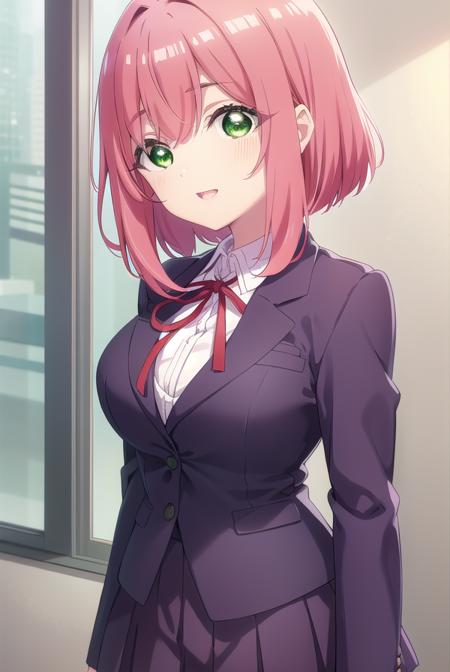 hakarihanazono, <lora:hakarihanazono-lora-nochekaiser:0.8>,
hakari hanazono, short hair, hair ornament, (green eyes:1.5), pink hair, flower, hair flower, hair between eyes, sidelocks, <lora:talkmouth_E_v100:1>, open mouth,
BREAK skirt, shirt, ribbon, school uniform, blazer, white shirt, pleated skirt, collared shirt, black skirt, red ribbon, neck ribbon, 
BREAK looking at viewer,
BREAK indoors, classroom, (cowboy shot:1.5),
BREAK <lyco:GoodHands-beta2:1>, (masterpiece:1.2), best quality, high resolution, unity 8k wallpaper, (illustration:0.8), (beautiful detailed eyes:1.6), extremely detailed face, perfect lighting, extremely detailed CG, (perfect hands, perfect anatomy),