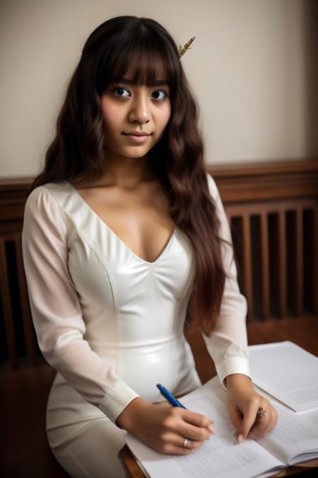 masterpiece, best quality, hires, high resolution:1.2, highres, <lora:Nepali_Girl-000002:1>, nepali girl, 1girl, long hair, straight hair, red hair, angel halo on head, face focus, serious looking, studying, sitting on front bench, desk, writing notes, looking at viewer, classroom, school, latex clothing