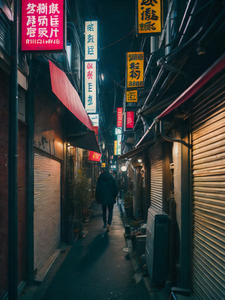 <lora:NeonNight:1>a man walking down a street next to a store