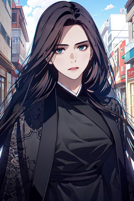 heavenly demon 1girl, solo, long hair, expressionless, black chinese clothes, long sleeves, black eyes, 