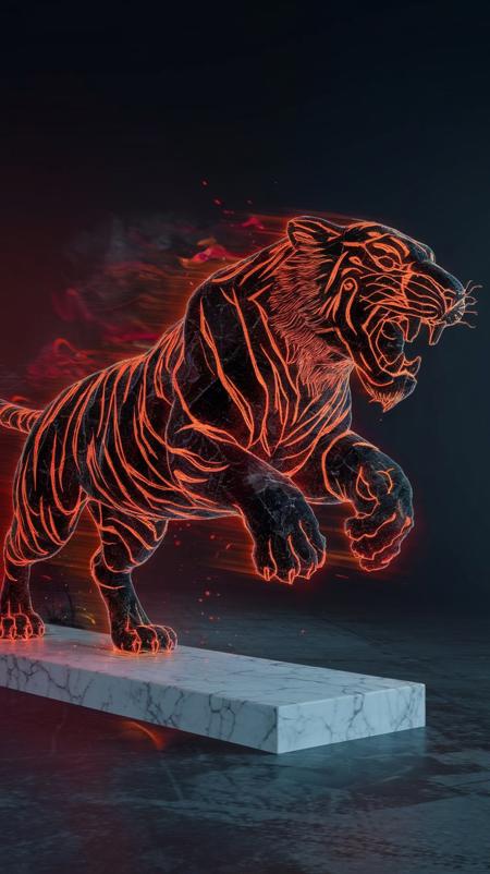 A cinematic action shot of a tiger made entirely of burning coal. The tiger is running and leaping, with a fierce roar. The coal tiger has a cracked and colourful smoky texture. The tiger is on a white marble base. The background is dark. The overall image has a red and orange colour.