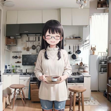 best quality, ultra-detailed, illustration,
JPkitchen, scenery, table, chair, sink, kitchen, plant, indoors, window, refrigerator, frying pan, bottle, shelf, spatula, door, basket, plate, cup, stool, wooden floor, curtains,
1girl, glasses, black hair, long hair, white sweater, denim, jeans, apron,  happy, smile, closed eyes, looking at viewer, 
 <lora:JAPAN_kitchen_SD15_V1:1>