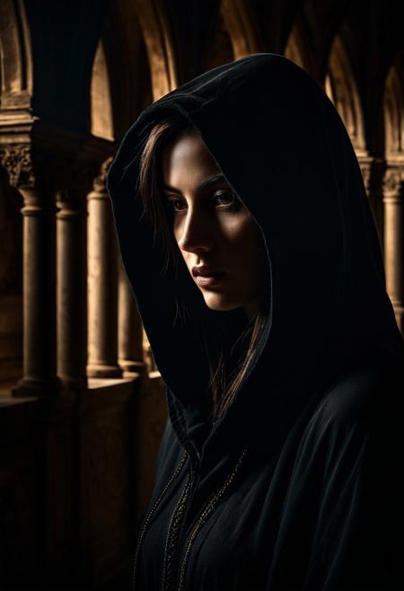 Dark, Gothic-inspired portrait of a mysterious, hooded female  figure, intricate architecture and haunting, chiaroscuro lighting a la Caravaggio