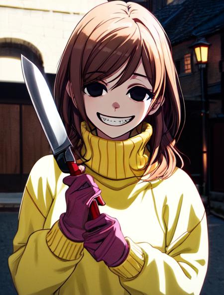 best quality, masterpiece, highres, detailed, digital artwork, <lora:Detail - add_detail:0.2>, EikoHozuki, brown hair, yandere, evil grin, horror \(theme\), yellow sweater, turtleneck, outdoors, holding knife, <lora:EikoHozuki-10:0.8>, black eyes, shadows, dark aura, empty eyes, pink gloves,