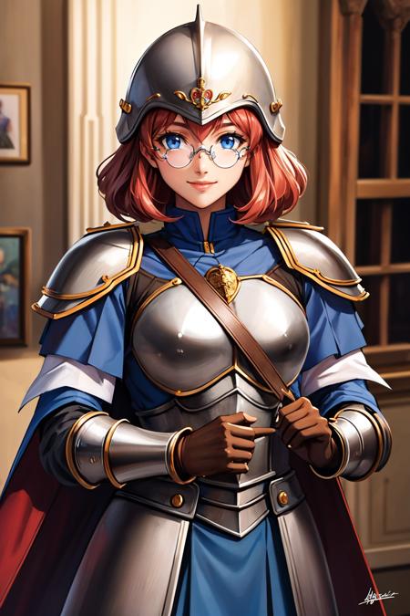 masterpiece, best quality,  <lora:dorothy-nvwls-v1-000008:0.8> dorothy hyatt, glasses, suit of armor, full armor, helmet, looking at viewer, smile, castle