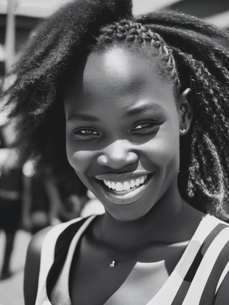 <lyco:ZaneleMuholi:1.0> Gorgeous !Kung woman, smirking, age 20, waist level photograph, setting should be in the streets of Windhoek, detailed face, 5pm time, 35mm, F/2.8, 4k, photojournalism, busy background, volumetric lighting, neo-expressionism, art photography