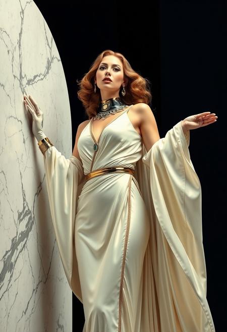 art deco woman 1980s retro-futurism , alabaster and marble , gold and chrome , flowing robes