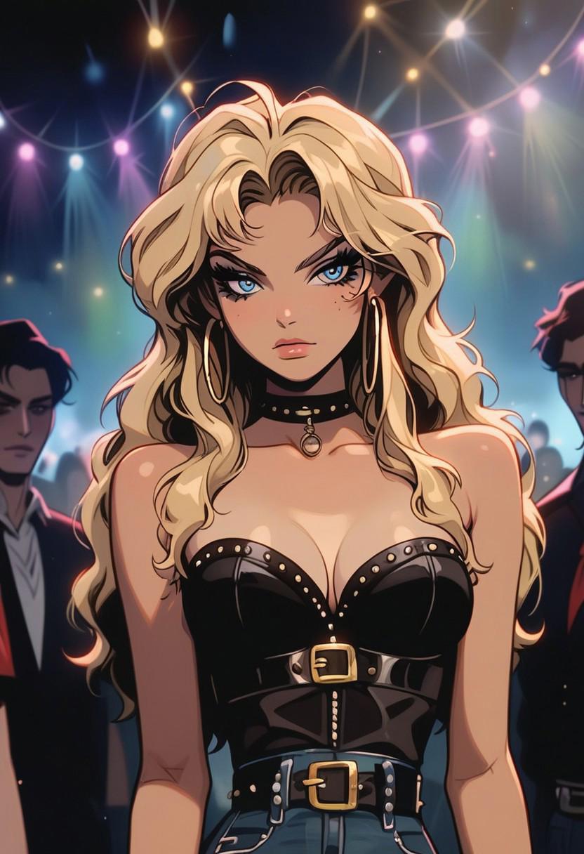 (masterpiece), (ultra-realistic), (photorealism), (DSLR quality), (hyper-detailed textures), (dreamlike atmosphere), (dynamic angle).  
The most beautiful petite blonde bombshell stands with her back against a dimly lit wall at a lively punk rock concert. Her (long, big, wavy blonde hair) falls effortlessly over her (bare shoulders), framing her delicate, youthful face. She has (large, silver-blue eyes) that shimmer under the party lights, exuding both strength and defiance. (Smoky eye makeup) and (exaggerated eyeliner) extend beyond her seductive gaze, with (long lashes) enhancing her sultry expression.
Her (strapless black corset) hugs her (slender frame), revealing her (prominent, perky breasts) and deep (cleavage). She arches her back slightly, accentuating her (bubble butt) and (petite figure). Her (sinful, thin lips) glisten with lipstick, parted just enough to hint at playful mischief and concealed anger. (Hoop earrings) dangle as she leans casually against the wall, her seductive stare locking with the viewer from the corner of her eyes, drawing them into the scene.
The warm glow of basement party lights reflects off her (tan skin), hinting at movement in the (crowded room) around her. The grainy texture and shallow depth of field evoke a nostalgic vibe from the 2000s, capturing a fleeting, sensual moment in time.