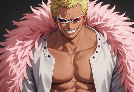 Doflamingo, Short hair, Blonde, Sunglasses, hidden eyes, no eyebrows, muscular, pectorals, big feather coat, open shirt, pants, loafers