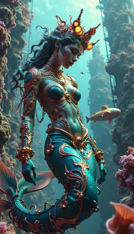 Steampunk mermaid queen ruling an underwater Victorian city, with clockwork fish and brass submarines navigating coral skyscrapers